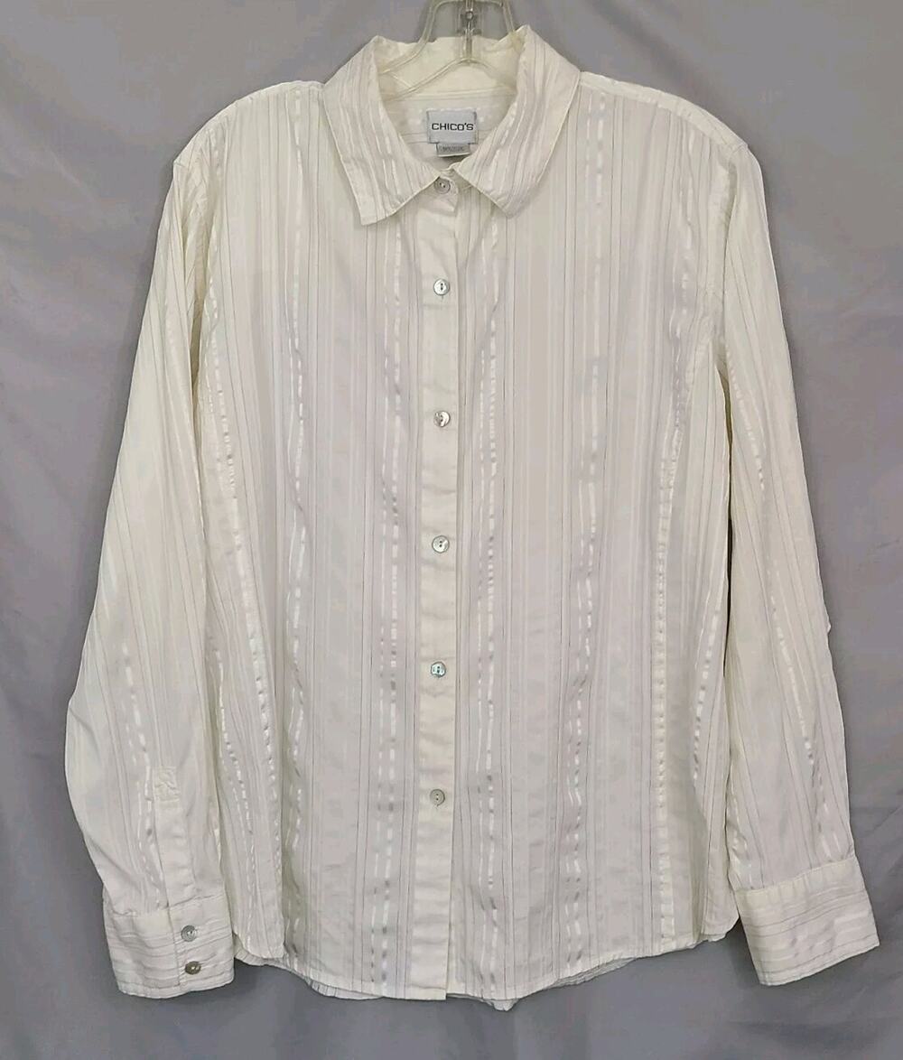 Chicos size 2 white stripe button up long sleeve career shirt blouse steampunk